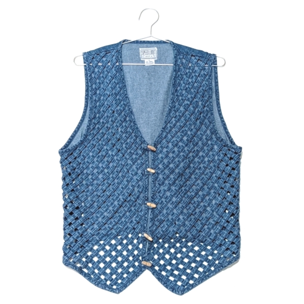 Vintage | Speed Limit MPH | Denim Vest | Tie Back | Wooden Button Closures
